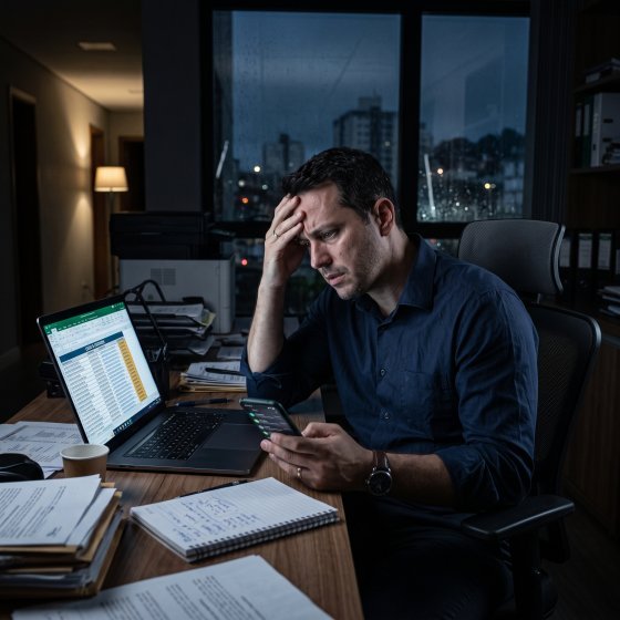 Empresário pensativo diante do computador, avaliando os resultados da empresa
